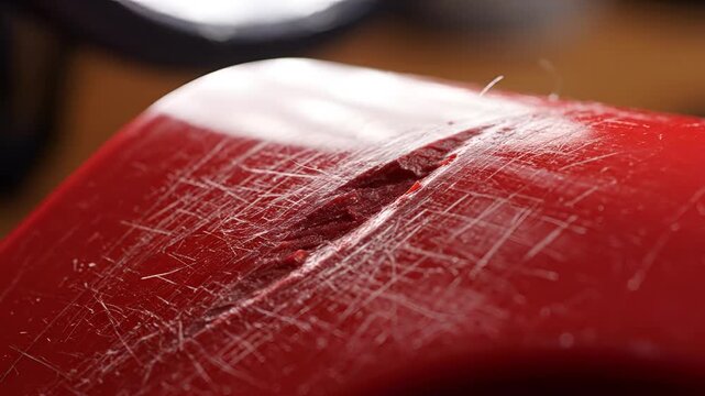 Close up of a damaged red plastic surface with visible scratches and a deep cut.