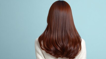Fototapeta premium Woman with long, rich, and shiny brown hair facing away against light blue background
