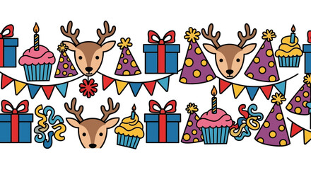 Seamless festive birthday pattern with reindeer faces cupcakes gifts and party hats. © Baasim_Ghava