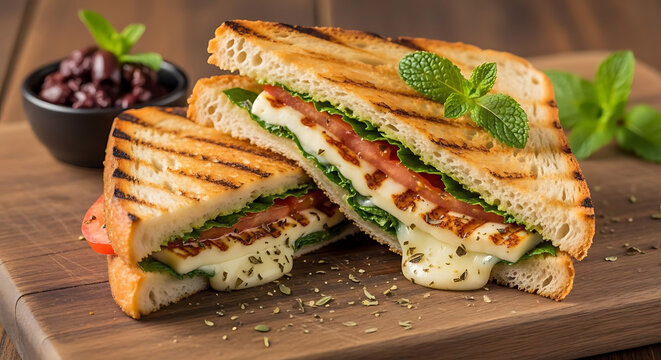Grilled sandwich stuffed with halloumi cheese and fresh greens sits on a rustic wooden cutting board.