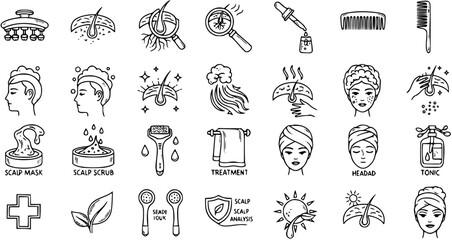 Fototapeta premium Black White Line Art Scalp and Hair Care Icons Set for Dermatology, Beauty, and Wellness Treatment, Health, and Analysis