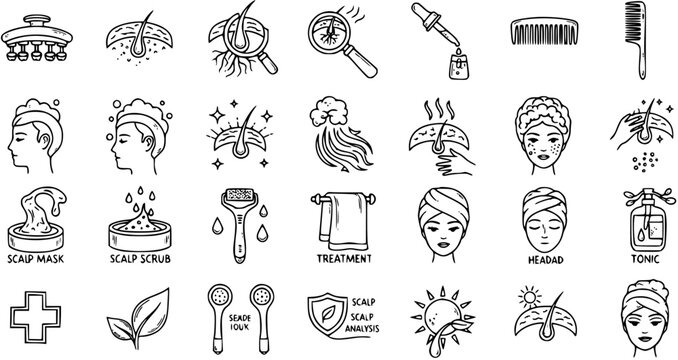Black  White Line Art Scalp and Hair Care Icons Set for Dermatology, Beauty, and Wellness Treatment, Health, and Analysis