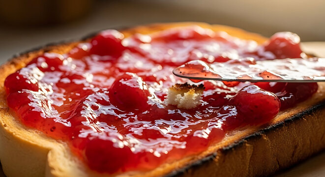 Toast slice sits on a table covered in a generous layer of sweet red fruit jam and spread with a silver knife.