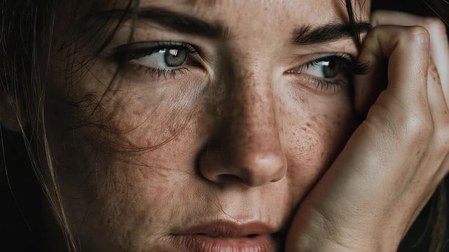 Contemporary art depicting a sad and depressed woman with a realistic expression highlighting emotional depth and inner turmoil in a dimly lit background