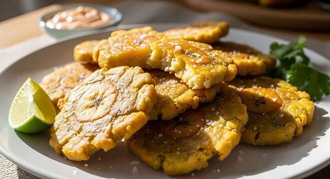 Crispy golden tostones served with a side of dipping sauce and lime wedges on a white plate.