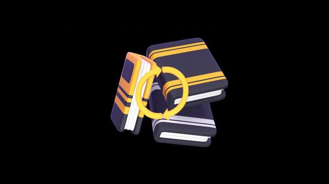 A stack of three stylized books with yellow and black stripes, one book is open with a circular arrow indicating a process.