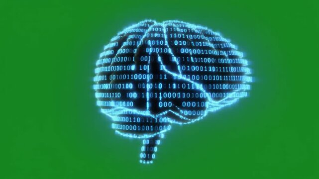 Artificial Intelligence digital brain formed by glowing blue binary code numbers zero and one on green screen background. Futuristic technology for machine learning and data science.
