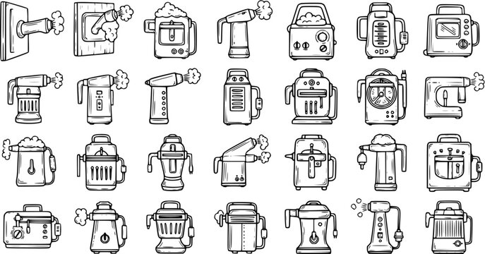 Black and White Line Art of Various Kitchen Appliances and Gadgets, Steam