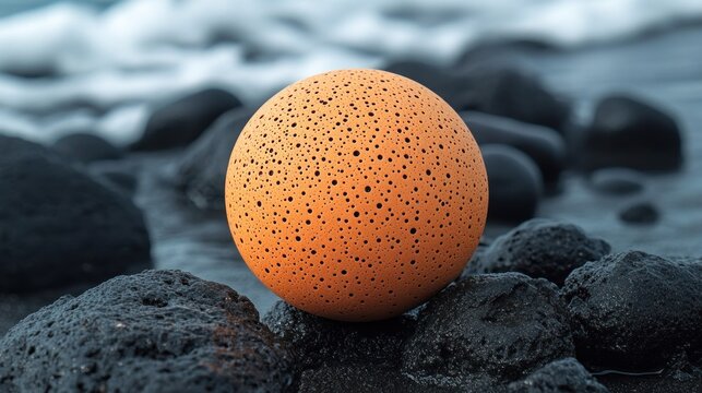Orange sphere on dark rocks by the sea