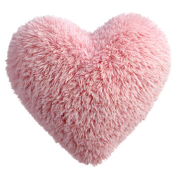 A pink heart shaped fluffy pillow is shown.