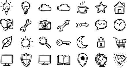 Fototapeta premium Hand-drawn Sketchy Line Art Universal Web and UI Icon Set for Technology and Everyday Business Applications