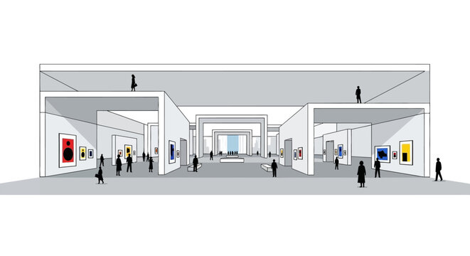 Modern Art Gallery Exhibition Hall with Visitors and Contemporary Paintings