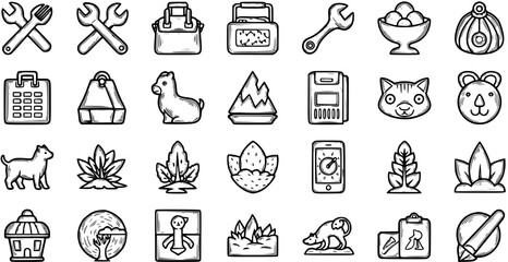 Fototapeta premium Black and White Line Art Icons of Tools, Animals, Food, Nature, and Technology Objects for Stock Asset