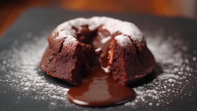 Chocolate lava cake with liquid center flowing. Warm chocolate fondant cake being cut with silver fork. Powdered sugar dusting on dark plate. Static shot close-up.