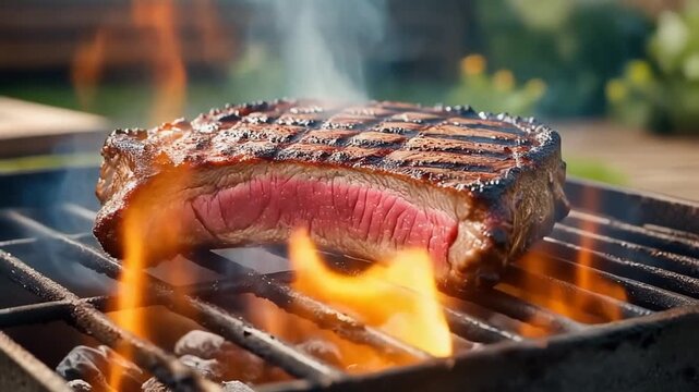 Beef steak grilling on outdoor charcoal barbecue. Thick meat cut with grill marks. Rising white smoke and orange flames. Medium rare pink center visible. Static shot.