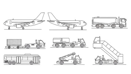 Obraz premium Various airport ground vehicles and aircraft outlined in black and white