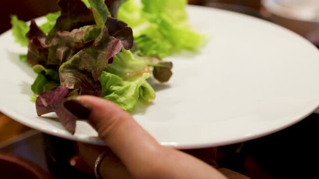 Person Adding Shredded Carrot Curls to a Fresh Salad Plate