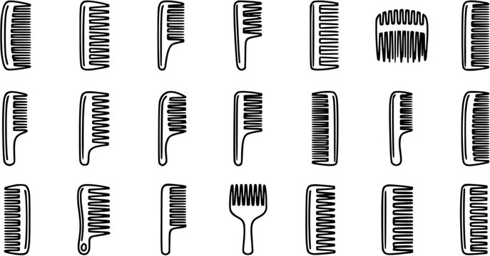 Hair Care and Beauty Industry Black and White Line Art Icon Set of Hair Combs. Outline Glyphs of Various Barber and Hairdressing Tools for Grooming and Styling.