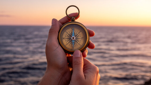 Hand holding vintage compass at golden hour by the ocean