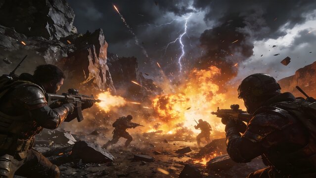 Soldiers in combat with explosion