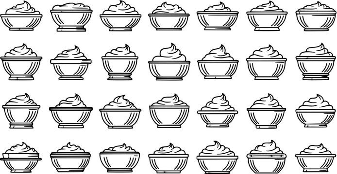 Black and White Line Art Icons of Various Desserts in Bowls for Food Industry