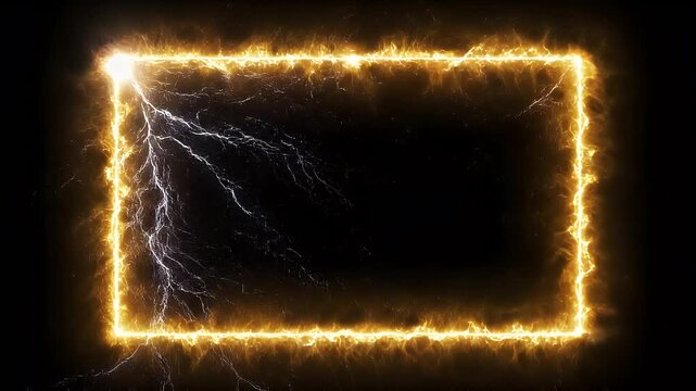 Dynamic fiery electric rectangular frame with lightning strikes on a black background