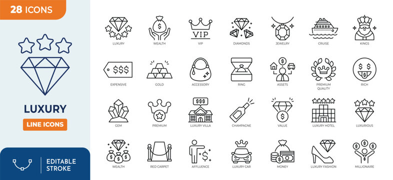 Luxury icon set. Contain icons related to Luxury, diamond, rich, gem,  jewelry, gold, assets, expensive, VIP, wealth, and more. Editable stroke. Vector illustration