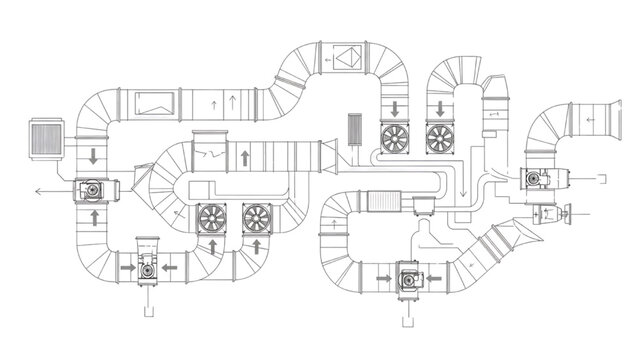 HVAC System Diagram Detailed Illustration of Air Ducting and Ventilation Components