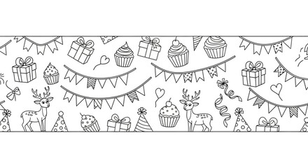 Seamless hand drawn birthday pattern with cute reindeer and party elements. © Ghushun_Ni'amillah