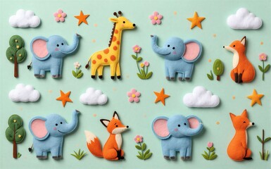 Fototapeta premium Cute felt animals and flowers on a soft green background with clouds.
