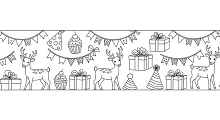 Seamless festive holiday pattern featuring cute reindeer and party elements. © Ghushun_Ni'amillah