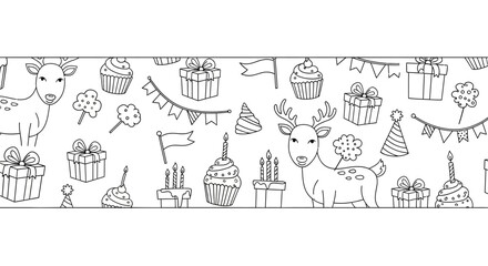 Fototapeta premium Doodle illustration of a birthday celebration with animals and party elements.