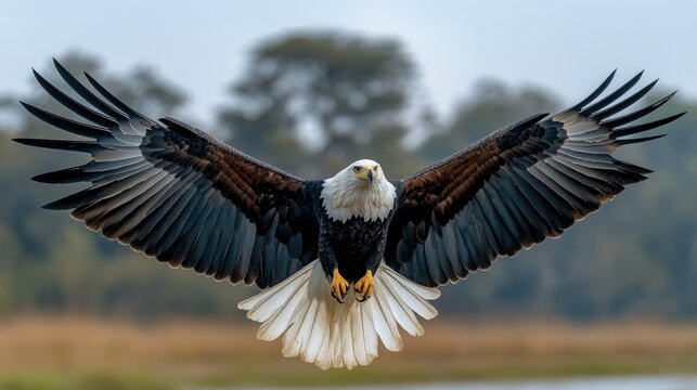 Powerful eagle in flight, wings spread wide