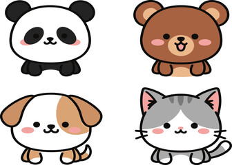 Naklejka premium Cute Kawaii Animal Faces Collection Featuring Panda Bear Dog and Cat in Simple Adorable Cartoon Style Vector Illustration Set.