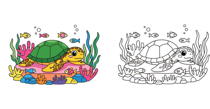 Cute Cartoon Sea Turtle with Fish and Coral in Underwater Scene
