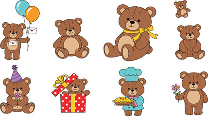 Fototapeta premium Cute Teddy Bear Cartoon Collection Featuring Birthday Gift Chef Balloon Flower and Sitting Bear Characters in Adorable Kids Vector Illustration Set.