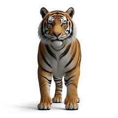 Obraz premium A tiger stands facing forward on a white background, displaying its orange and black stripes.