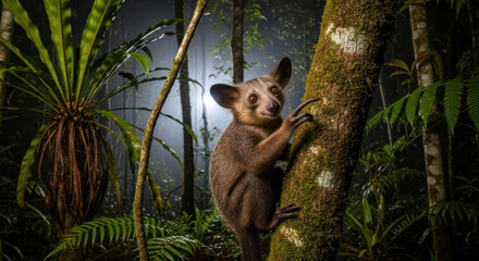 Fototapeta premium Aye aye Lemur Climbing Tree in Rainforest of Madagascar