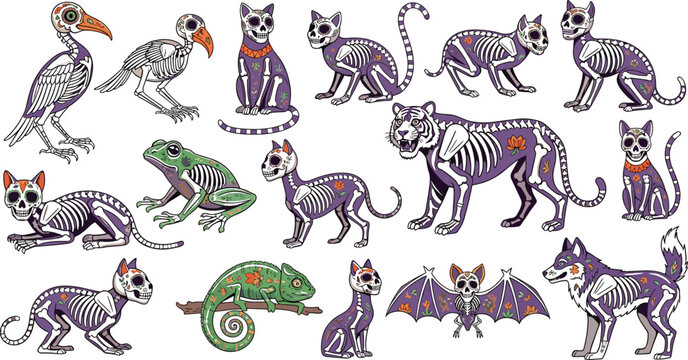 Skeleton Animals Collection Featuring Cat Dog Wolf Bird Frog Bat and Chameleon with Floral Bone Patterns in Gothic Vector Illustration Set.