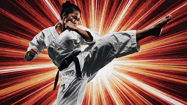 Dynamic Karate Fighter Performing Powerful Kick with Explosive Background.