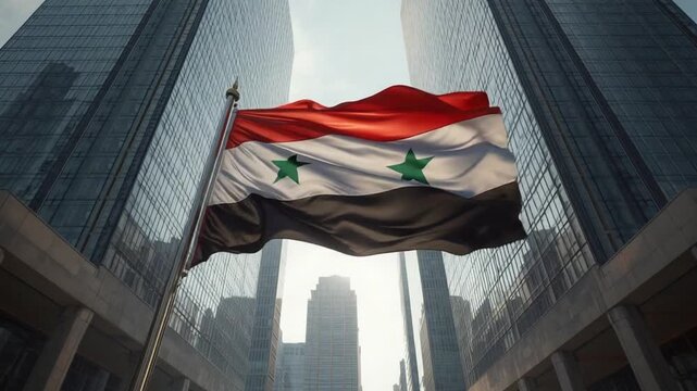 Syrian Flag Between Skyscrapers - Independence of Syria Modern Progress