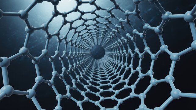 A 3d illustration of a nanotube structure with a spiral molecular bond on dark background