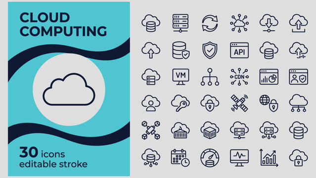 Collection of technology icons representing cloud computing services and digital data infrastructure for IT professionals