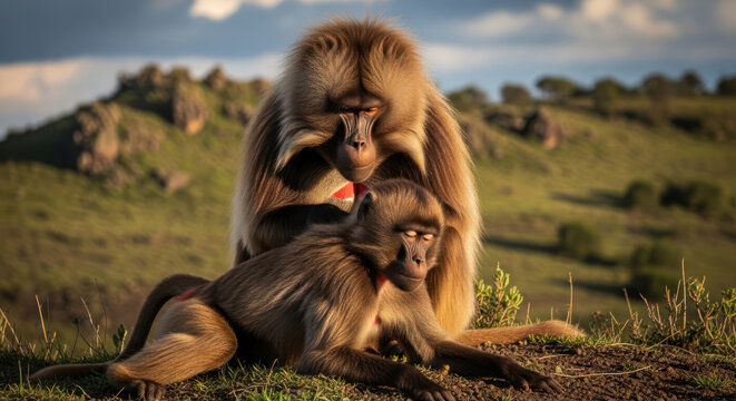Gelada Baboons Grooming in Ethiopia on Grassy Hillside