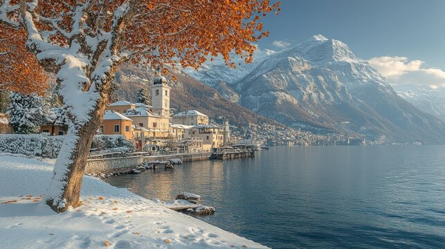 Snowy Italian lake town at sunrise