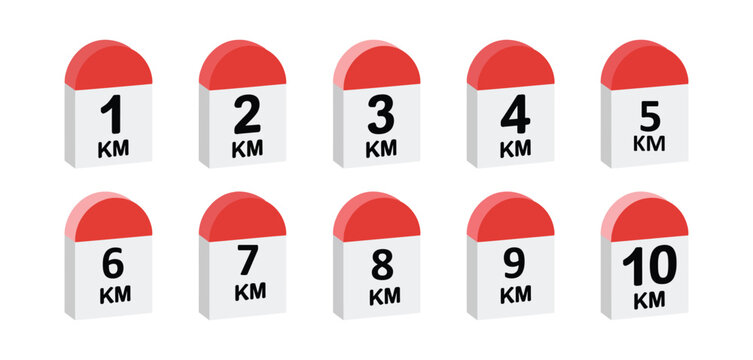 Road distance milestone marker vector set featuring 1 to 10 km red and white kilometer stones for navigation, route mapping, and marathon indicators