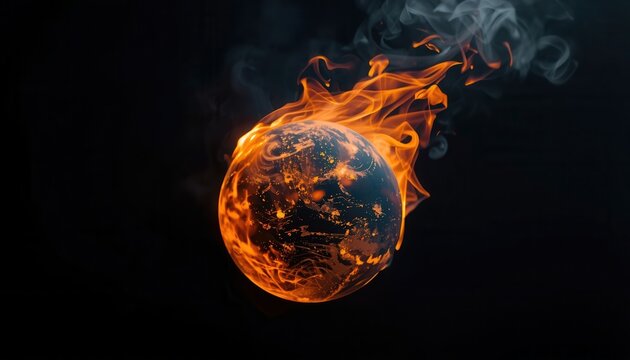 Burning Planet: A visual representation of a globe engulfed in flames, symbolizing global warming. A stark reminder of climate change.