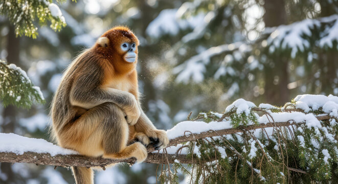 Golden Snub Nosed Monkey Sitting on Snowy Branch in Winter