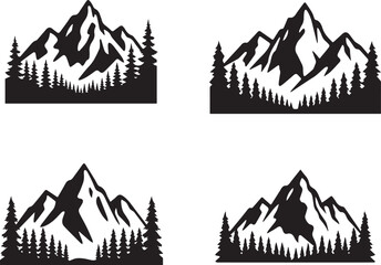 Fototapeta premium Minimal Mountain Logo Bundle Set, Modern Nature Landscape Silhouette Vector Collection with Forest and Peak Elements, Art & Illustration