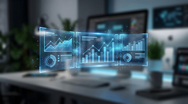 Digital marketing analytics dashboard hologram with charts in modern workspace reports